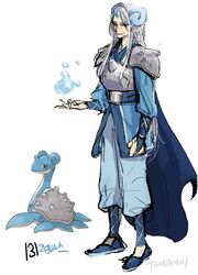  1boy arm_at_side armor blue_cape blue_horns blue_pants cape closed_mouth commentary full_body grey_hair horns hydrokinesis lapras long_hair pants personification pokemon pokemon_(creature) reference_inset shoulder_armor simple_background smile standing tamtamdi translated very_long_hair water white_background 