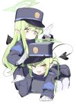  2girls absurdres black_hat black_jacket black_shorts black_tail blue_archive blush closed_mouth demon_tail fang gloves green_hair green_halo halo hat highlander_sidelocks_conductor_(blue_archive) highlander_twintails_conductor_(blue_archive) highres jacket long_hair long_sleeves maton_3110 multiple_girls open_mouth pantyhose peaked_cap pointy_ears shorts sidelocks simple_background skin_fang smile tail twintails white_background white_gloves white_pantyhose yellow_eyes 