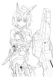  1girl commentary_request damaged greyscale headgear highres kumichou_(ef65-1118-ef81-95) lineart looking_at_viewer mecha_musume mechanical_arms mechanical_legs miniskirt monochrome original panties short_hair skirt solo thigh-highs underwear white_background 