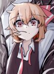  1girl arms_up black_vest blonde_hair closed_mouth highres long_sleeves looking_at_viewer manekinekoppoi_inu mouth_hold necktie red_eyes rumia shirt short_hair solo stalk_in_mouth touhou undone_necktie upper_body vest white_shirt 