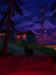  building bush city clouds commentary english_commentary full_moon glowing glowing_eyes grass highres house jubilee_(8pxl) looking_at_viewer moon night night_sky no_humans original outdoors pixel_art power_lines red_eyes road scenery sky tree utility_pole wolf 