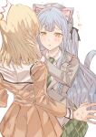  2girls animal_ear_fluff animal_ears bad_id bad_pixiv_id bang_dream! bang_dream!_it&#039;s_mygo!!!!! black_ribbon blonde_hair blush blush_visible_through_hair brown_dress cat_ears cat_girl cat_tail collared_shirt dress green_necktie green_skirt grey_jacket hair_ribbon hanasakigawa_school_uniform hand_on_another&#039;s_face haneoka_school_uniform highres jacket junjun_(kimi-la) kemonomimi_mode long_hair long_sleeves looking_at_another medium_hair misumi_uika multiple_girls necktie parted_lips plaid plaid_skirt pleated_skirt ribbon sailor_collar school_uniform shirt simple_background skirt sparkle sweatdrop tail togawa_sakiko translated two_side_up white_background white_sailor_collar white_shirt yellow_eyes yuri 