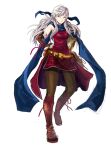  1girl bangle bare_shoulders black_gloves black_leggings blue_scarf bracelet dress elbow_gloves fingerless_gloves fire_emblem fire_emblem:_radiant_dawn gloves grey_hair hair_ribbon half_updo highres jewelry leggings long_hair micaiah_(fire_emblem) ribbon rod_langhi scarf side_slit simple_background sleeveless sleeveless_dress smile solo white_background yellow_eyes 