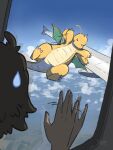  &gt;_&lt; 1boy afterimage airplane_interior antennae blue_sky claws clouds day dragon dragonite english_commentary flying hand_on_window pokemon pokemon_(creature) robinlovesop sky sweatdrop waving waving_arms window wings 