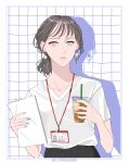  1girl absurdres black_hair border brown_hair collarbone cup drop_shadow earrings eyelashes grey_eyes grid_background highres holding holding_cup holding_paper jewelry looking_at_viewer name_tag naoyoshinaga office_lady original paper parted_lips shirt short_hair solo upper_body white_border white_shirt 