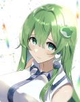  1girl absurdres bare_shoulders blurry_edges blush breasts close-up closed_mouth collared_shirt commentary double-parted_bangs eyelashes frog_hair_ornament green_eyes green_hair hair_between_eyes hair_intakes hair_ornament highres kochiya_sanae large_breasts light_particles long_hair looking_at_viewer mino_(minori) shirt shy sidelocks simple_background sleeveless sleeveless_shirt snake_hair_ornament solo straight_hair tareme touhou upturned_eyes white_background white_shirt 