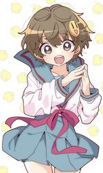  1girl absurdres blue_sailor_collar blue_skirt blush brown_eyes brown_hair emoji_hair_ornament hair_between_eyes hair_ornament highres kita_high_school_uniform long_sleeves looking_at_viewer open_mouth pleated_skirt red_ribbon ribbon sailor_collar school_uniform serafuku short_hair skirt smile smiley_hair_ornament solo suzumiya_haruhi_no_yuuutsu taiki_(6240taiki) teeth tongue upper_teeth_only watahashi_yasumi winter_uniform 