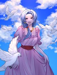  1girl bird blue_eyes blue_hair blue_sky breasts commentary_request cowboy_shot day dove dress earrings enomoto_noa flock frilled_sleeves frills hair_bobbles hair_ornament heart heart_necklace highres jewelry korean_commentary light_blue_hair light_particles looking_at_viewer low_ponytail medium_breasts mong2cha necklace open_mouth outdoors parted_bangs pink_dress puffy_short_sleeves puffy_sleeves red_sash saibou_shinkyoku sash short_sleeves side_ponytail skirt_hold sky smile solo star_(symbol) star_earrings waist_sash 