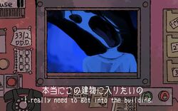  1girl antique_phone bilingual black_eyes black_hair copyright_request hellmari_(omori) highres looking_at_viewer mixed-language_text omori open_mouth phone rotary_phone shakomori_w short_sleeves solo spoilers teeth upper_teeth_only 