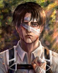  1boy artist_name bandaged_fingers bandaged_head bandages black_hair blood blood_on_face clenched_hand closed_mouth crying crying_with_eyes_open highres instagram_username levi_(shingeki_no_kyojin) male_focus one_eye_covered outdoors sad scar scar_across_eye scar_on_face shingeki_no_kyojin shirt short_hair solo streaming_tears tears werewolfmaxf white_shirt 