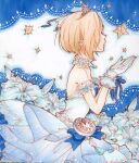  1girl absurdres bare_shoulders blonde_hair clock dress gloves hair_over_one_eye hana_kaido highres idolmaster idolmaster_cinderella_girls profile shirasaka_koume short_hair solo star_(symbol) starry_sky_bright_(idolmaster) tiara upper_body white_dress white_gloves 