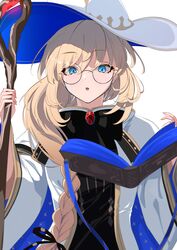  1girl :o absurdres aesc_(fate) aesc_(rain_witch)_(fate) blonde_hair blue_eyes book braid brooch fate/grand_order fate_(series) floating floating_book floating_object glasses hat highres holding holding_staff jewelry long_hair looking_at_viewer nigori_(keydoor) robe round_eyewear side_braid single_braid solo staff white_background white_hat white_robe wide_sleeves witch_hat 