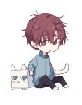  1boy :o black_pants blue_shirt brown_eyes brown_hair chibi collared_shirt dress_shirt full_body hair_between_eyes hakanai_kimi_wa_moukou_wo_hajimeru kazutake_hazano long_sleeves male_focus no_shoes pants parted_lips shirt simple_background sitting socks solo terui_soushichi white_background white_socks 