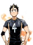  1boy black_hair black_shirt black_shorts cowboy_shot elbow_pads facing_viewer frown grey_eyes haikyuu!! hair_between_eyes hands_on_own_hips highres karasuno_volleyball_uniform looking_at_viewer male_focus multicolored_hair nishinoya_yuu paint_splatter shirt short_hair short_sleeves shorts single_elbow_pad solo sportswear streaked_hair takeuchi_(a3) v-shaped_eyebrows volleyball_uniform 