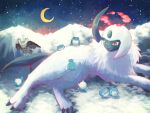  7_phi_3 absol animal_focus bird claws commentary crescent_moon dynamax forehead_jewel highres horns lying moon mountain night night_sky no_humans noctowl on_side owl pokemon pokemon_(creature) red_eyes single_horn sitting sky spheal star_(sky) symbol-only_commentary tail white_fur wings 