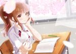  1girl absurdres blush bow brown_hair cherry_blossoms closed_mouth collarbone collared_shirt curtains desk highres illustrator_thunderbird notebook original pencil petals ponytail red_bow school_desk shirt signature smile solo spring_(season) white_shirt window 
