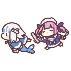  2girls blue_bow blue_bowtie blue_dress blue_hoodie bow bowtie chibi commentary dress fins fish_tail gawr_gura gawr_gura_(1st_costume) hair_ornament hololive hololive_english hood hoodie maid_headdress minato_aqua minato_aqua_(1st_costume) multicolored_hair multiple_girls pink_hair relay_baton shark_girl shark_hair_ornament shark_tail shirt streaked_hair tail takeru_(hashiru11275) tearing_up twintails two_side_up virtual_youtuber white_hair white_shirt |_| 