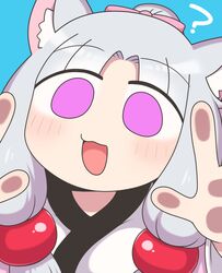  1girl :3 ? against_fourth_wall animal_ear_fluff animal_ears blue_background blush commentary curtained_hair fox_ears fox_girl grey_hair hands_up head_tilt highres japanese_clothes kimono long_hair looking_at_viewer no_pupils open_mouth pink_eyes ponytail rantana_(lalalalackluster) sidelocks simple_background smile solo symbol-only_commentary touhoku_itako upper_body voiceroid white_kimono 