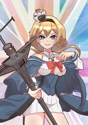  1girl blonde_hair blue_eyes blue_overskirt breasts cowboy_shot crown dress earrings flower garter_straps hair_between_eyes highres holding holding_staff jewelry kantai_collection long_hair long_sleeves medium_breasts mini_crown necklace red_flower red_rose rose scepter smile staff standing tsun&#039;ichi_(tsun1) union_jack valiant_(kancolle) white_dress 