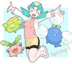  1girl :d :p ^_^ aqua_hair bike_shorts blue_background blue_skin border breasts closed_eyes colored_skin commentary_request evolutionary_line full_body green_skin hanecco_(arumican_orange) hoppip jumpluff kris_(pokemon) open_mouth outside_border pink_skin pokemon pokemon_(creature) red_eyes red_shirt shirt simple_background skiploom small_breasts smile solo spring_(season) tongue tongue_out white_border yellow_eyes 