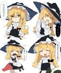  1girl apron blonde_hair bow braid chibi closed_mouth eating hair_bow hair_tubes hat hat_bow highres kirisame_marisa mushroom open_mouth ramochi side_braid single_braid sitting speech_bubble touhou waist_apron white_background white_bow witch_hat yellow_eyes 