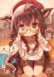  1girl absurdres braid cat chibi chibi_inset commission earrings glasses green_eyes hair_between_eyes hat highres jewelry kamizakana_iriko knees_together_feet_apart long_hair looking_at_viewer open_mouth skeb_commission solo stuffed_animal stuffed_cat stuffed_toy tail triangle_mouth twin_braids 