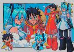  1boy 1girl absurdres artist_name black_footwear black_gloves black_hair black_sleeves blue_eyes blue_hair boots chibi crossover cup detached_sleeves disposable_cup gloves grey_jacket hat hatsune_miku high_collar highres holding holding_cup jacket long_hair monkey_d._luffy multiple_views one_piece red_footwear red_gloves red_jacket sainttufa short_hair sleeveless sleeveless_jacket sparkling_eyes star_(symbol) straw_hat twintails v very_long_hair vocaloid 