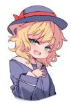  1girl blonde_hair blue_hat blue_shirt blush bow cropped_torso fang green_eyes half-closed_eyes hand_on_own_chest hand_up hat hat_bow idolmaster idolmaster_cinderella_girls long_sleeves looking_at_viewer medium_hair open_mouth red_bow sakurai_momoka shimazaki1152 shirt simple_background skin_fang slit_pupils smile solo upper_body wavy_hair white_background 