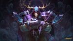  absurdres antlers axe copyright_name deer_skull dual_wielding ghost highres holding holding_axe horns logo looking_at_viewer official_art purple_hood skull smite ullr_(smite) ullr_(smite)_(helheim) upper_body 