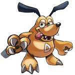  absurdres body_fur brown_fur digimon digimon_(creature) dog dogmon english_commentary fewer_digits full_body furry green_eyes highres looking_at_viewer ranksyqk sharp_teeth simple_background solo teeth tongue tongue_out white_background 