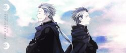  2boys beard black_cape cape closed_eyes copyright_name facial_hair grey_eyes grey_hair itinerant_king_sebastian long_hair male_focus multicolored_hair multiple_boys pixiv_fantasia pixiv_fantasia_age_of_starlight ponytail profile rebellious_prince_gerald satotsuki8 smile streaked_hair upper_body white_hair 