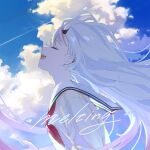  1girl :d album_cover blue_sky closed_eyes clouds cloudy_sky contrail cover cumulonimbus_cloud ear_piercing facing_up floating_hair hand_up highres hololive horns long_hair nakiri_ayame neckerchief official_art open_mouth piercing portrait profile red_neckerchief sailor_collar school_uniform second-party_source shirt sidelocks sky smile solo teeth upper_teeth_only virtual_youtuber white_hair white_sailor_collar white_shirt wind yuribou 