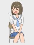  1girl ^_^ agatsuma_keiko between_legs blue_skirt brown_hair chair closed_eyes collarbone facing_to_the_side hand_between_legs highres ni_tsuma nichijou on_chair open_mouth sailor_collar school_uniform shirt short_hair sitting skirt solo tokisadame_school_uniform white_sailor_collar white_shirt 