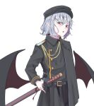  1girl alternate_costume bat_wings belt coat grey_hair hat highres holding holding_sword holding_weapon kanaria_(bocmn) long_sleeves looking_at_viewer military_uniform open_mouth pointy_ears remilia_scarlet short_hair simple_background solo sword touhou uniform weapon white_background wings 