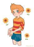  1boy blonde_hair blue_eyes blush blush_stickers flower haru-cho looking_at_viewer lucas_(mother_3) male_focus mother_(game) mother_3 shirt short_hair short_sleeves shorts simple_background solo striped_clothes striped_shirt sunflower white_background 