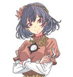  1girl absurdres crossed_arms hair_ornament highres leaf_hair_ornament looking_at_viewer mirror nere_stella purple_hair red_eyes simple_background smile solo touhou upper_body white_background yasaka_kanako 