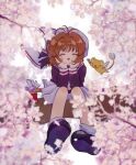  1girl black_footwear blush brown_hair cardcaptor_sakura child green_eyes kero_(cardcaptor_sakura) kinomoto_sakura oni611 sailor_collar short_hair sitting skirt socks tree white_sailor_collar white_skirt white_socks 