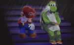  1boy blue_overalls brown_footwear brown_hair commentary_request facial_hair gloves hat mario mustache overalls rain red_hat red_shirt shirt sitting sitting_on_stairs stairs super_mario_bros. white_gloves ya_mari_6363 yoshi 