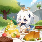  1girl absurdres berry blue_sky blurry blurry_background bright_pupils cake candle chibi chicken-mushroom_skewer_(genshin_impact) chicken_(food) commentary copyright_name day dot_nose english_commentary floating flower food fruit genshin_impact green_pepper hair_between_eyes hair_ornament halo hand_up highres lemon long_sleeves meat mushroom official_art open_mouth outdoors paimon_(genshin_impact) peas plate puffy_long_sleeves puffy_sleeves skewer sky solo sparkle steak sunsettia_(genshin_impact) sweet_madame_(genshin_impact) tianshu_meat_(genshin_impact) tree valberry_(genshin_impact) violet_eyes white_flower white_footwear white_hair white_pupils 