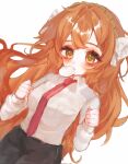 1girl baozi black_pants bow clenched_hands food green_eyes hair_bow hands_up highres ishmael_(project_moon) limbus_company liu_association_(identity)_(project_moon) long_hair long_sleeves mouth_hold necktie orange_hair pants project_moon red_necktie sidelocks simple_background solo very_long_hair white_background white_bow yukinatomi 