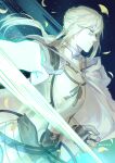  1boy airgetlam_(fate) arm_blade armor bedivere_(fate) blue_background braid cape closed_mouth cowboy_shot cuirass falling_petals fate/grand_order fate_(series) faulds french_braid from_side gauntlets glowing_arm green_eyes greyscale hair_between_eyes hair_tubes highres light_particles long_hair looking_ahead low_twintails male_focus monochrome petals profile serious side_cape sidelocks single_gauntlet solo standing twintails weapon white_cape wuren_daoshang_dekezong 