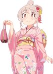  1girl absurdres ahoge alternate_costume bright_pupils brown_eyes closed_mouth commentary_request floral_print flower grey_hair hair_between_eyes hair_bun hair_flower hair_ornament hand_up highres holding japanese_clothes kimono light_blush long_hair long_sleeves looking_ahead obi onii-chan_wa_oshimai! oyama_mahiro pink_kimono pouch print_kimono print_sash sash shiina_excel simple_background solo standing textless_version wavy_mouth white_background wide_sleeves 
