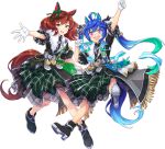  2girls :d @_@ ahoge animal_ears aqua_hair arm_up badge belt black_footwear black_jacket blue_eyes blue_hair boots bow brown_eyes clenched_hands crossed_bangs ear_covers frilled_sleeves frills full_body fur_trim gloves green_skirt grey_bow hair_bow hand_up heterochromia high_heel_boots high_heels horse_ears horse_girl horse_tail jacket lapels leg_up long_hair looking_at_viewer multicolored_hair multiple_girls nice_nature_(umamusume) official_alternate_costume official_art open_hand open_mouth outline outstretched_arm plaid plaid_skirt red_outline redhead sharp_teeth short_sleeves sidelocks skirt smile splendor_of_onyx_(umamusume) streaked_hair striped_bow tail tassel teeth transparent_background twin_turbo_(umamusume) twintails two-tone_hair umamusume upper_teeth_only very_long_hair violet_eyes white_gloves 