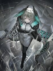  1girl aqua_wings arknights arms_at_sides black_footwear black_pantyhose black_wings coat commentary dress dutch_angle fingerless_gloves from_above frown full_body gloves green_eyes grey_hair head_wings highres ho&#039;olheyak_(arknights) looking_at_viewer looking_up mira_(345toron) pantyhose rain ripples short_hair snake_tail solo tail walking white_coat white_dress white_gloves wings 