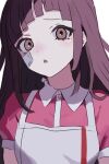  1girl :o apron bandaid bandaid_on_face collared_shirt danganronpa_(series) danganronpa_2:_goodbye_despair long_hair mole mole_under_eye nagi_(user_kxkw7854) pink_eyes pink_shirt redhead shirt solo tsumiki_mikan upper_body white_apron white_shirt 