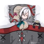  1girl arlecchino_(genshin_impact) artist_name bed bird birthmark blanket blue_bow bow cat closed_eyes closed_mouth freminet_(genshin_impact) genshin_impact grey_pajamas hat highres huge_bow instagram_logo instagram_username kamiiart lynette_(genshin_impact) lyney_(genshin_impact) multicolored_hair on_bed pajamas pale_skin penguin pillow pink_bow quilt sailor_hat sleeping teardrop twitter_logo twitter_username white_hair 