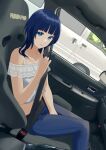  1girl absurdres asaka_karin belt blue_eyes blue_hair blue_pants blunt_bangs brown_belt camisole car_interior car_seat collarbone commentary_request finger_to_mouth frilled_camisole frills highres looking_at_viewer love_live! love_live!_nijigasaki_high_school_idol_club medium_hair mole mole_on_collarbone motor_vehicle pants parted_lips s_sho_mkrn seatbelt shushing sidelocks sitting solo upper_body van white_camisole 