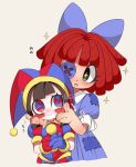  2girls asymmetrical_gloves blue_eyes blue_gloves blush_stickers brown_hair colored_skin gloves hat highres jester_cap mismatched_gloves multicolored_eyes multiple_girls pomni_(the_amazing_digital_circus) puffy_short_sleeves puffy_sleeves ragatha_(the_amazing_digital_circus) red_eyes red_gloves redhead short_hair short_sleeves the_amazing_digital_circus white_skin yawaraka_meteor 