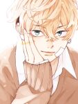 1boy blonde_hair brown_sweater closed_mouth collared_shirt ear_piercing fingernails gauze_on_cheek green_eyes hair_between_eyes hand_on_own_cheek hand_on_own_face highres light_smile long_sleeves looking_at_viewer male_focus matsuno_chifuyu mog_ky piercing portrait shirt short_hair simple_background solo sunlight sweater tokyo_revengers undercut white_shirt 
