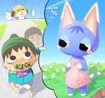  ... 1girl 2boys :3 animal_crossing animal_ears barefoot black_eyes blue_skin blue_sky blush blush_stickers brown_eyes brown_hair butterfly_net cat_ears cat_girl cat_tail clear_sky closed_mouth colored_skin commentary_request contrail day dog_boy flower full_body furry furry_female furry_male grass gunshi_minoru hand_net highres holding holding_butterfly_net indie_virtual_youtuber lets0020 mac_(animal_crossing) medium_bangs multiple_boys nose_blush outdoors rose rosie_(animal_crossing) running short_hair sky smile spoken_ellipsis standing stone_floor tail towel villager_(animal_crossing) virtual_youtuber white_flower yellow_flower yellow_rose 